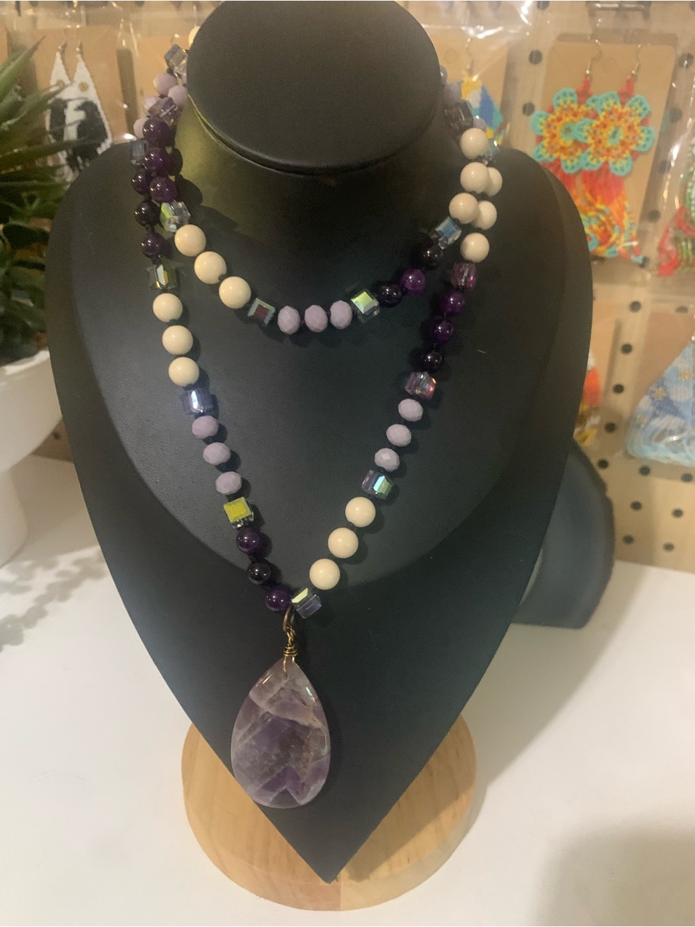 Amethyst Teardrop Beaded Necklace - Purple & Cream Women Jewelry
